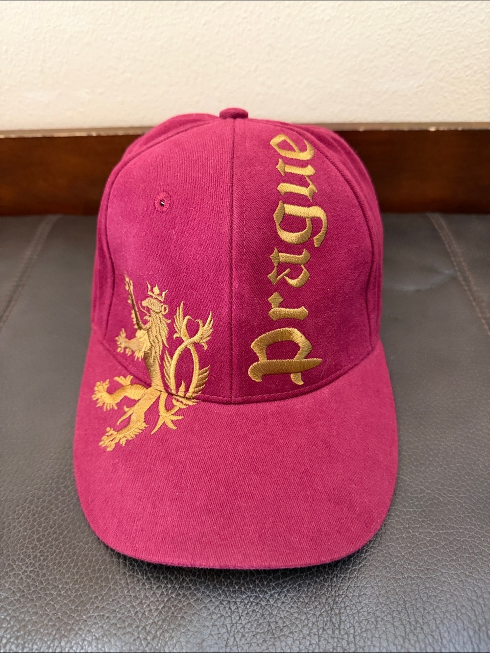 Prague Maroon Red Baseball Cap w/Adjustable Strap & Embroidered Gold Lion Emblem